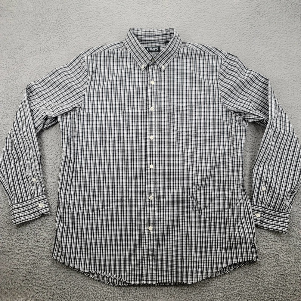 Chaps Shirt Mens XL Black White Plaid Button Down Stretch Easy Care Classiccore